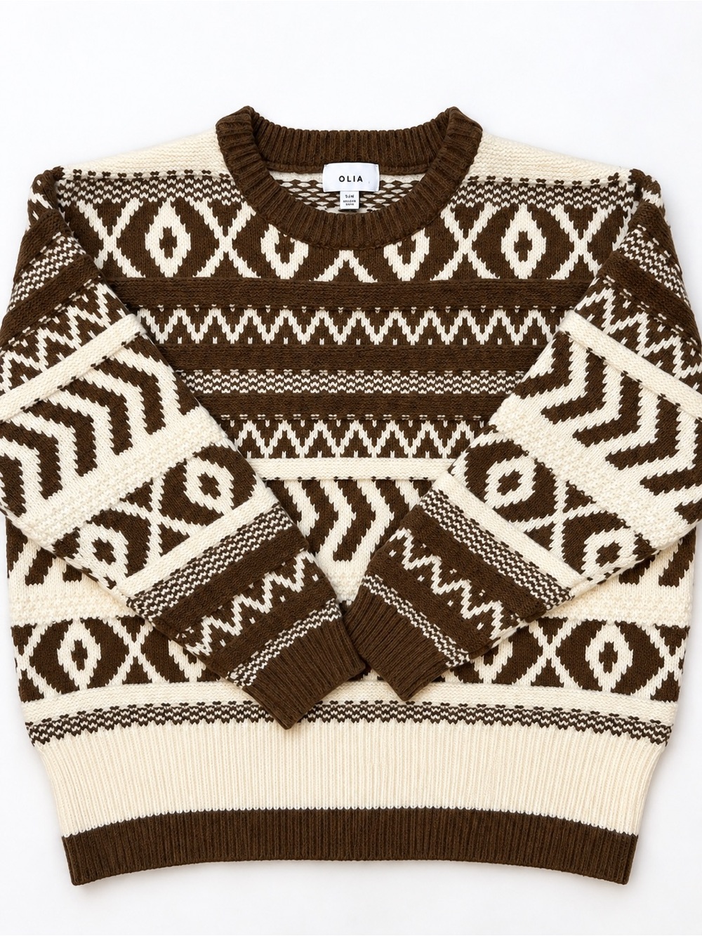 OLIA Brown & Cream Fair Isle Geometric Knit Sweater raised textured detail